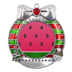 Watermelon Fruit Summer Red Fresh Food Healthy Metal X mas Ribbon With Red Crystal Round Ornament by pakminggu