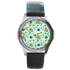 Dog Pattern Seamless Blue Background Scrapbooking Round Metal Watch by pakminggu