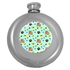 Dog Pattern Seamless Blue Background Scrapbooking Round Hip Flask (5 Oz) by pakminggu