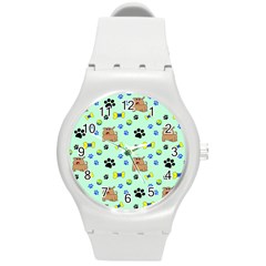 Dog Pattern Seamless Blue Background Scrapbooking Round Plastic Sport Watch (m) by pakminggu