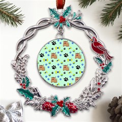 Dog Pattern Seamless Blue Background Scrapbooking Metal X mas Wreath Holly Leaf Ornament