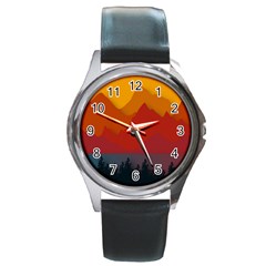 Mountain Forest Nature Scenery Art Mountains Round Metal Watch by pakminggu