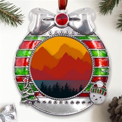 Mountain Forest Nature Scenery Art Mountains Metal X mas Ribbon With Red Crystal Round Ornament