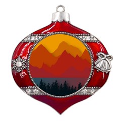 Mountain Forest Nature Scenery Art Mountains Metal Snowflake And Bell Red Ornament