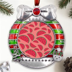 Watermelon Red Food Fruit Healthy Summer Fresh Metal X mas Ribbon With Red Crystal Round Ornament by pakminggu