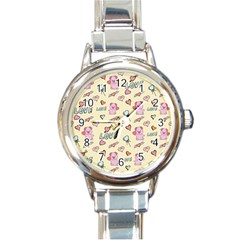 Pig Animal Love Romance Seamless Texture Pattern Round Italian Charm Watch by pakminggu