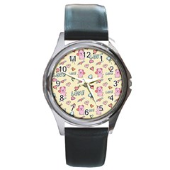 Pig Animal Love Romance Seamless Texture Pattern Round Metal Watch by pakminggu