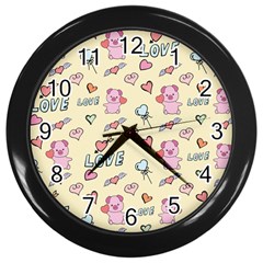 Pig Animal Love Romance Seamless Texture Pattern Wall Clock (black) by pakminggu