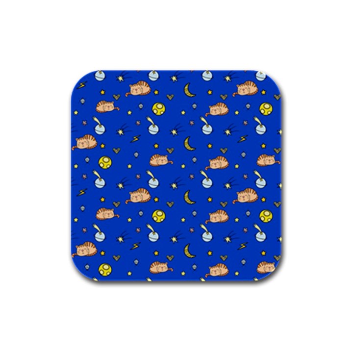 Cat Animals Sleep Stars Seamless Background Rubber Square Coaster (4 pack)