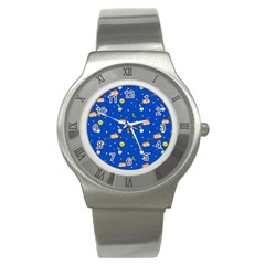 Cat Animals Sleep Stars Seamless Background Stainless Steel Watch