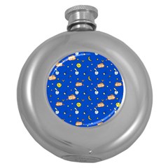 Cat Animals Sleep Stars Seamless Background Round Hip Flask (5 Oz) by pakminggu