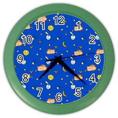 Cat Animals Sleep Stars Seamless Background Color Wall Clock by pakminggu