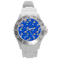 Cat Animals Sleep Stars Seamless Background Round Plastic Sport Watch (l) by pakminggu