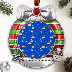 Cat Animals Sleep Stars Seamless Background Metal X mas Ribbon With Red Crystal Round Ornament