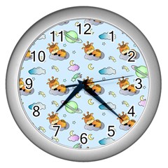 Pattern Giraffe Animal Seamless Scrapbooking Blue Wall Clock (silver) by pakminggu