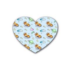 Pattern Giraffe Animal Seamless Scrapbooking Blue Rubber Heart Coaster (4 Pack) by pakminggu