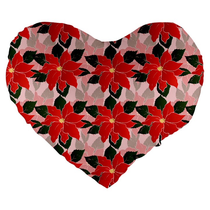 Poinsettia Pattern Seamless Pattern Christmas Xmas Large 19  Premium Flano Heart Shape Cushions