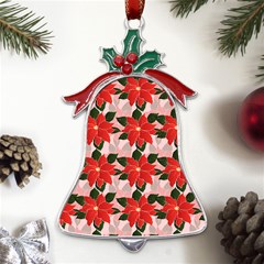 Poinsettia Pattern Seamless Pattern Christmas Xmas Metal Holly Leaf Bell Ornament by pakminggu