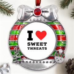 I Love Sweet Threats  Metal X mas Ribbon With Red Crystal Round Ornament by ilovewhateva