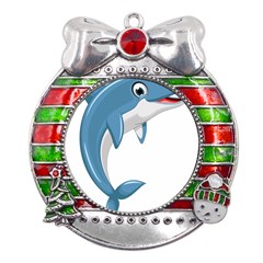 Blue Dolphin Metal X mas Ribbon With Red Crystal Round Ornament