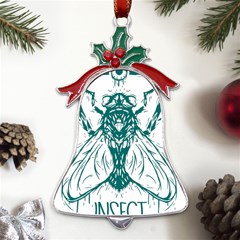 Green Insect Bee Illustration Metal Holly Leaf Bell Ornament