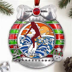 Beach Illustration Summer Beach Surf Waves Metal X mas Ribbon With Red Crystal Round Ornament