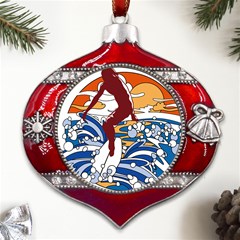 Beach Illustration Summer Beach Surf Waves Metal Snowflake And Bell Red Ornament