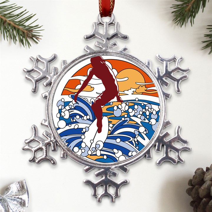 Beach Illustration Summer Beach Surf Waves Metal Large Snowflake Ornament