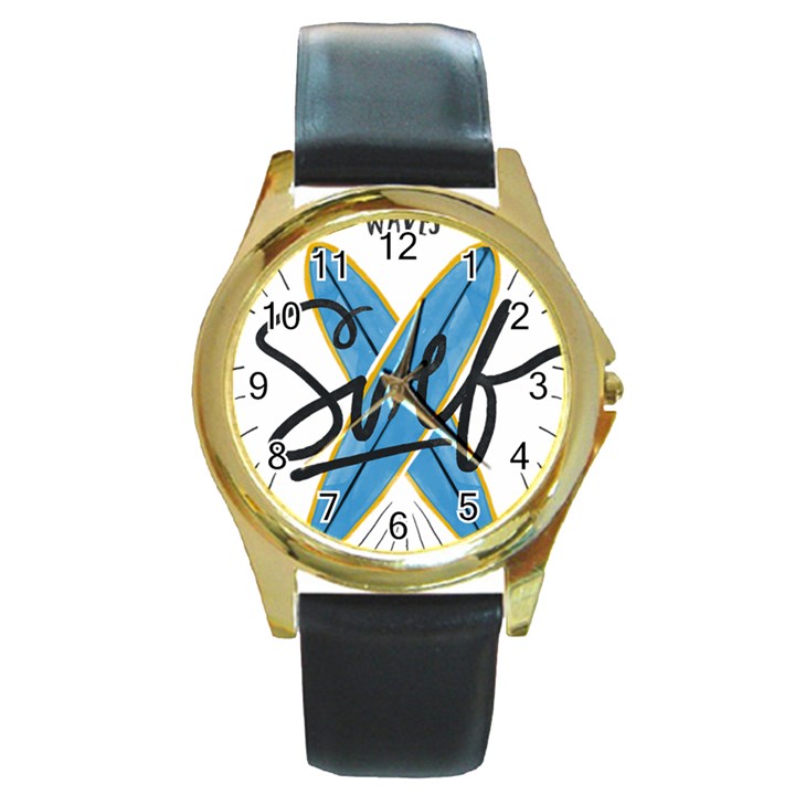 Wave Surfing Surfboard Surfing Round Gold Metal Watch