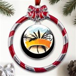 Hawaii Beach Summer Metal Red Ribbon Round Ornament Front