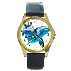 Two Dolphins Art Atlantic Dolphin Painting Animal Marine Mammal Round Gold Metal Watch by pakminggu