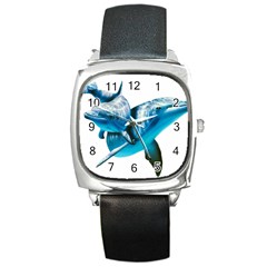 Two Dolphins Art Atlantic Dolphin Painting Animal Marine Mammal Square Metal Watch by pakminggu