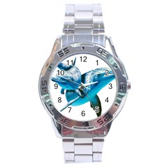 Two Dolphins Art Atlantic Dolphin Painting Animal Marine Mammal Stainless Steel Analogue Watch by pakminggu