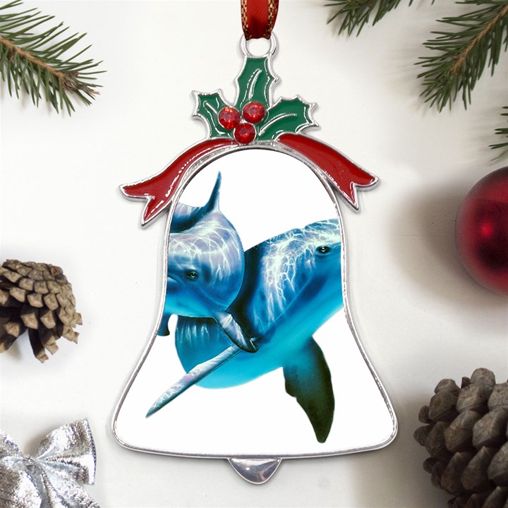 Two Dolphins Art Atlantic Dolphin Painting Animal Marine Mammal Metal Holly Leaf Bell Ornament