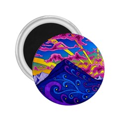 Psychedelic Colorful Lines Nature Mountain Trees Snowy Peak Moon Sun Rays Hill Road Artwork Stars 2 25  Magnets by pakminggu