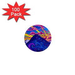 Psychedelic Colorful Lines Nature Mountain Trees Snowy Peak Moon Sun Rays Hill Road Artwork Stars 1  Mini Magnets (100 Pack)  by pakminggu