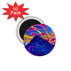 Psychedelic Colorful Lines Nature Mountain Trees Snowy Peak Moon Sun Rays Hill Road Artwork Stars 1 75  Magnets (10 Pack)  by pakminggu