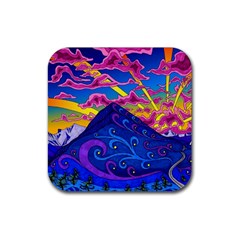 Psychedelic Colorful Lines Nature Mountain Trees Snowy Peak Moon Sun Rays Hill Road Artwork Stars Rubber Coaster (square) by pakminggu