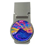 Psychedelic Colorful Lines Nature Mountain Trees Snowy Peak Moon Sun Rays Hill Road Artwork Stars Money Clips (Round)  Front