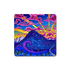 Psychedelic Colorful Lines Nature Mountain Trees Snowy Peak Moon Sun Rays Hill Road Artwork Stars Square Magnet by pakminggu