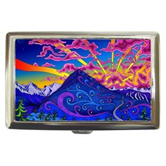 Psychedelic Colorful Lines Nature Mountain Trees Snowy Peak Moon Sun Rays Hill Road Artwork Stars Cigarette Money Case by pakminggu