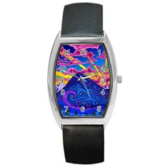 Psychedelic Colorful Lines Nature Mountain Trees Snowy Peak Moon Sun Rays Hill Road Artwork Stars Barrel Style Metal Watch by pakminggu