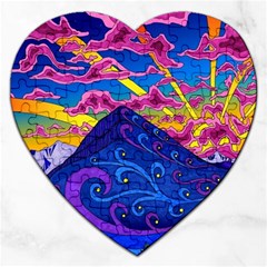 Psychedelic Colorful Lines Nature Mountain Trees Snowy Peak Moon Sun Rays Hill Road Artwork Stars Jigsaw Puzzle (heart) by pakminggu