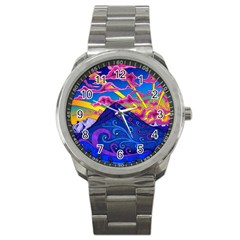 Psychedelic Colorful Lines Nature Mountain Trees Snowy Peak Moon Sun Rays Hill Road Artwork Stars Sport Metal Watch