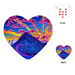 Psychedelic Colorful Lines Nature Mountain Trees Snowy Peak Moon Sun Rays Hill Road Artwork Stars Playing Cards Single Design (heart) by pakminggu