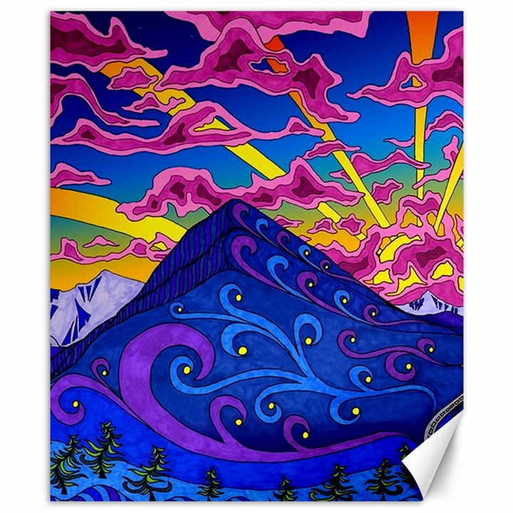 Psychedelic Colorful Lines Nature Mountain Trees Snowy Peak Moon Sun Rays Hill Road Artwork Stars Canvas 8  x 10 