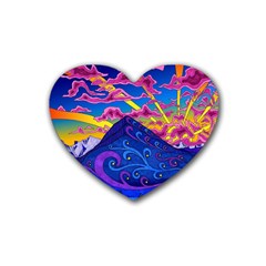 Psychedelic Colorful Lines Nature Mountain Trees Snowy Peak Moon Sun Rays Hill Road Artwork Stars Rubber Heart Coaster (4 Pack) by pakminggu