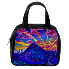 Psychedelic Colorful Lines Nature Mountain Trees Snowy Peak Moon Sun Rays Hill Road Artwork Stars Classic Handbag (one Side) by pakminggu