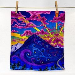 Psychedelic Colorful Lines Nature Mountain Trees Snowy Peak Moon Sun Rays Hill Road Artwork Stars Face Towel by pakminggu