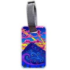 Psychedelic Colorful Lines Nature Mountain Trees Snowy Peak Moon Sun Rays Hill Road Artwork Stars Luggage Tag (two Sides) by pakminggu